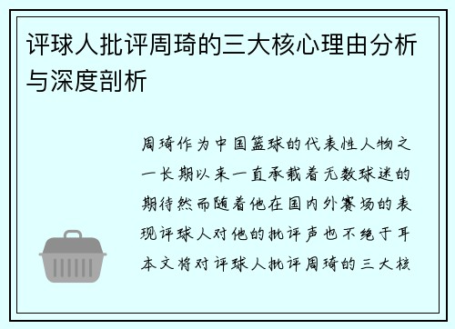 评球人批评周琦的三大核心理由分析与深度剖析