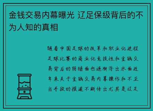 金钱交易内幕曝光 辽足保级背后的不为人知的真相