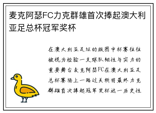 麦克阿瑟FC力克群雄首次捧起澳大利亚足总杯冠军奖杯 麦克阿瑟FC力克群雄首次捧起澳大利亚足总杯冠军奖杯